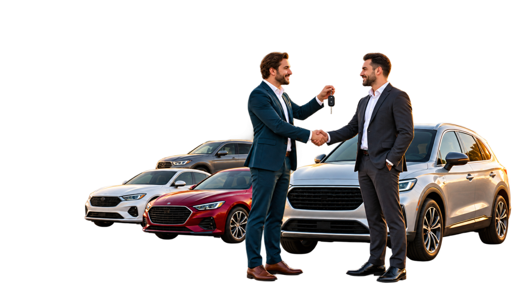 Car dealer partnership – handshake and car key handover